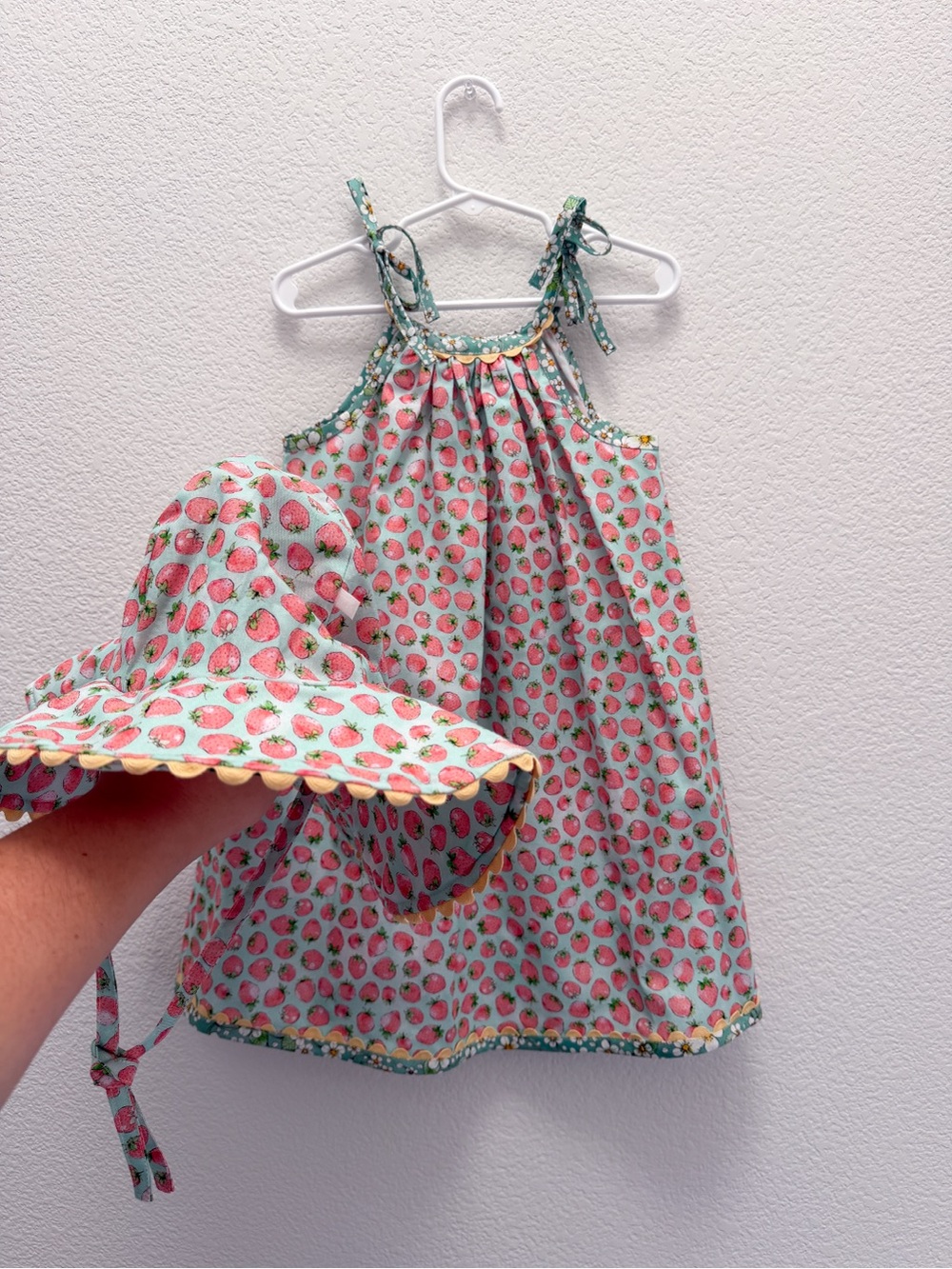 Strawberry Print Tie-Shoulder Sundress with Matching Hat